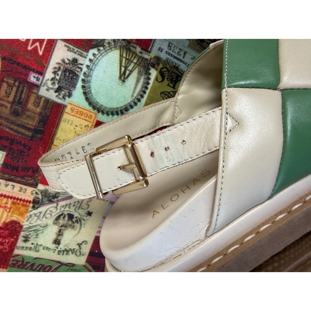 Alohas Green Cream Checkered Weave Platform Slingback Sandals Gold Buckle - Picture 7 of 14
